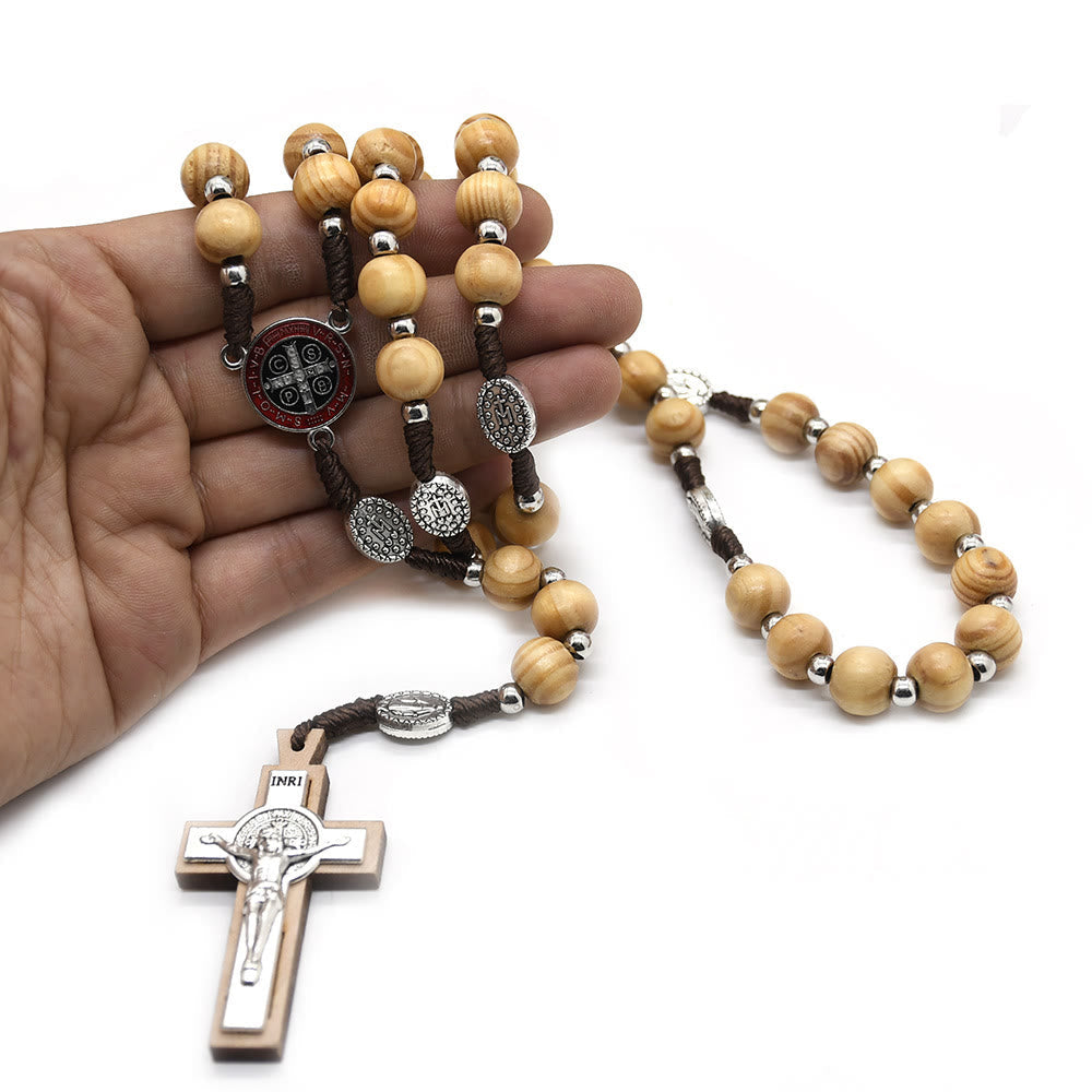 AMUSOUL Crucifix Jesus St. Benedict Weave Pine Wood Beads Rosary
