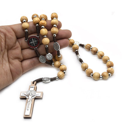 AMUSOUL Crucifix Jesus St. Benedict Weave Pine Wood Beads Rosary