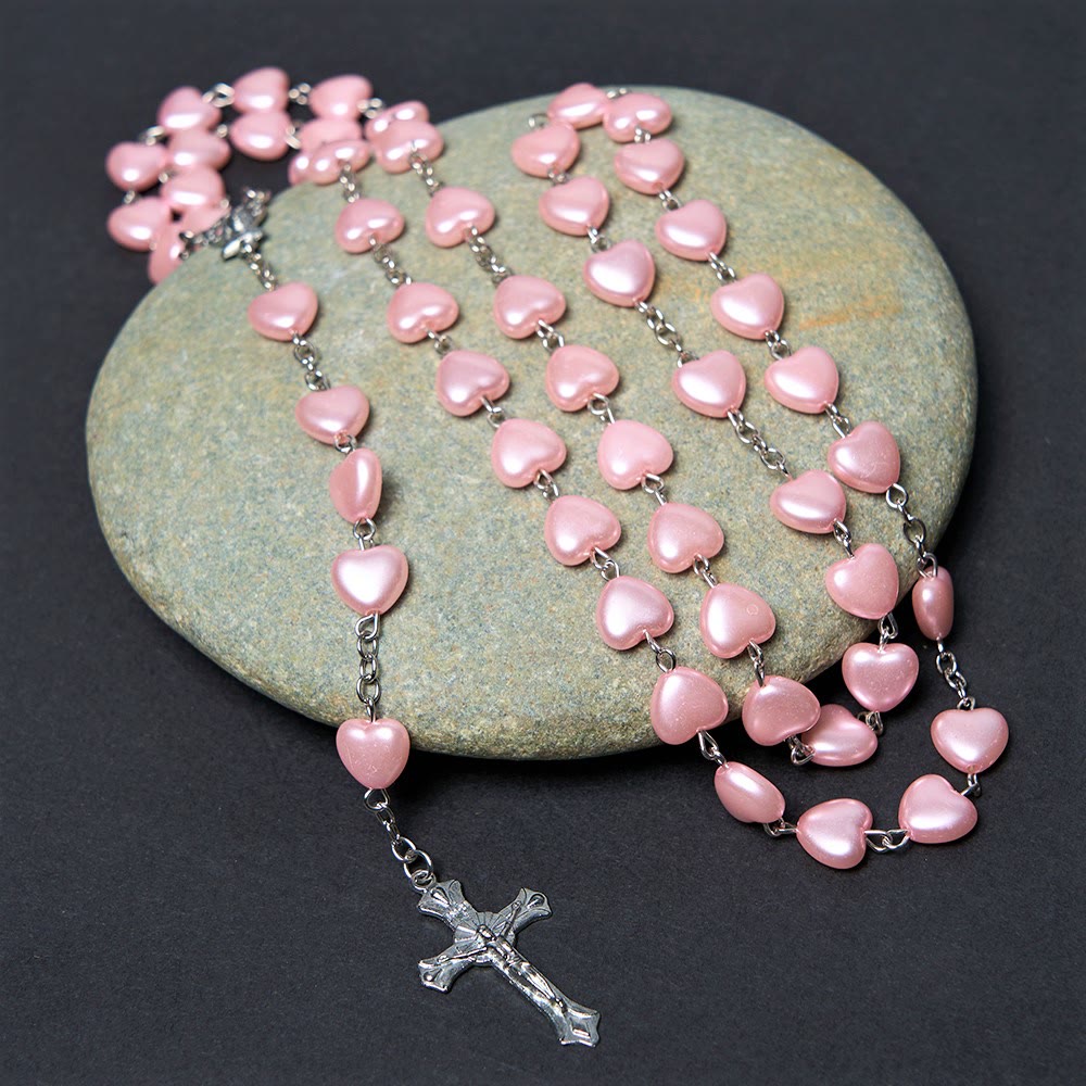 AMUSOUL Our Lady of Fátima & Crucifix of 10 mm Heart Pink Acrylic Alloy Chain Rosary