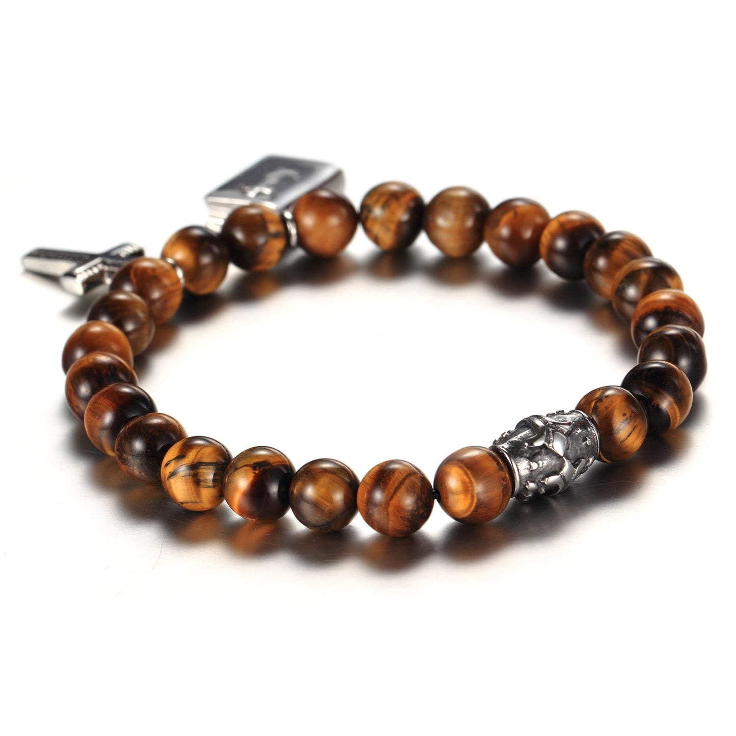 AMUSOUL Bible Cross Tiger Eyes Stone Titanium Bracelet
