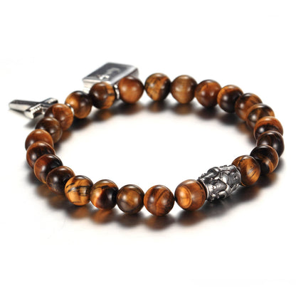AMUSOUL Bible Cross Tiger Eyes Stone Titanium Bracelet