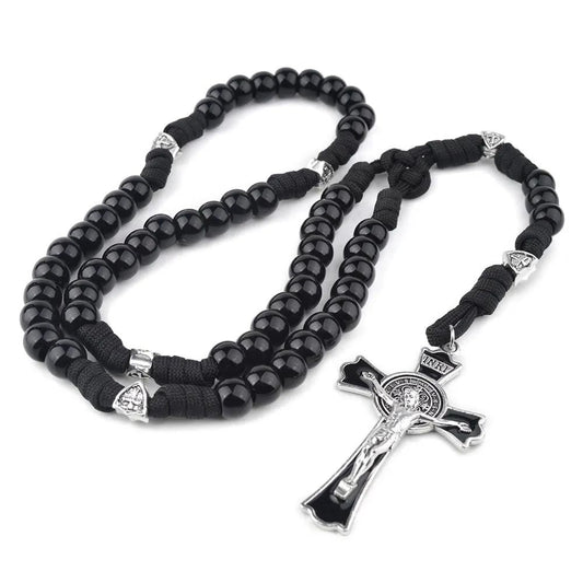 AMUSOUL Fine Crafted Black Sturdy Umbrella Cord Crucifix Rosary