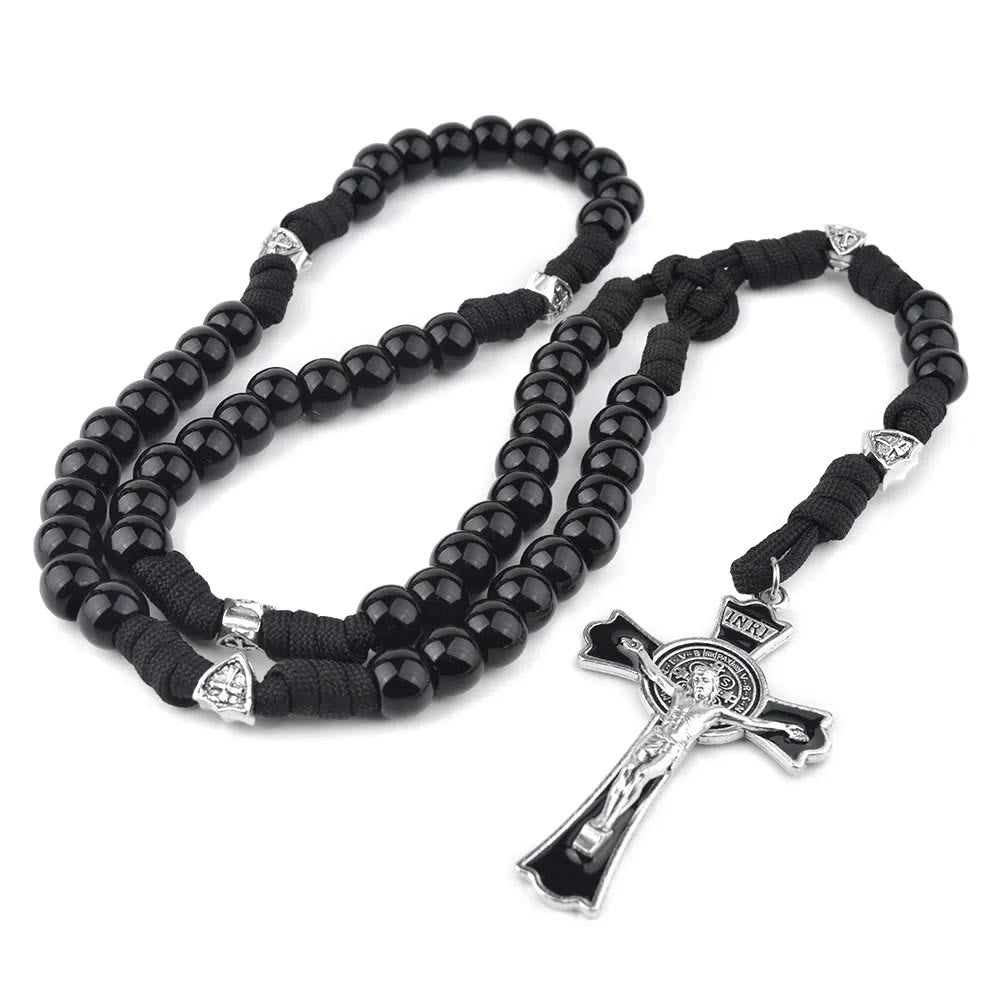 AMUSOUL Fine Crafted Black Sturdy Umbrella Cord Crucifix Rosary