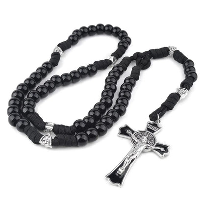 AMUSOUL Fine Crafted Black Sturdy Umbrella Cord Crucifix Rosary