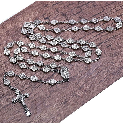 AMUSOUL St. Benedict Medal & Crucifix of 8 mm Polyhedron Silver Metal Alloy Chain Rosary