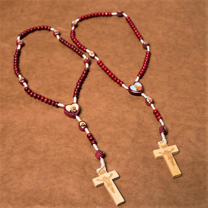 AMUSOUL Wine Red Wooden Beads Cross Virgin Mary Hand Held Rosary