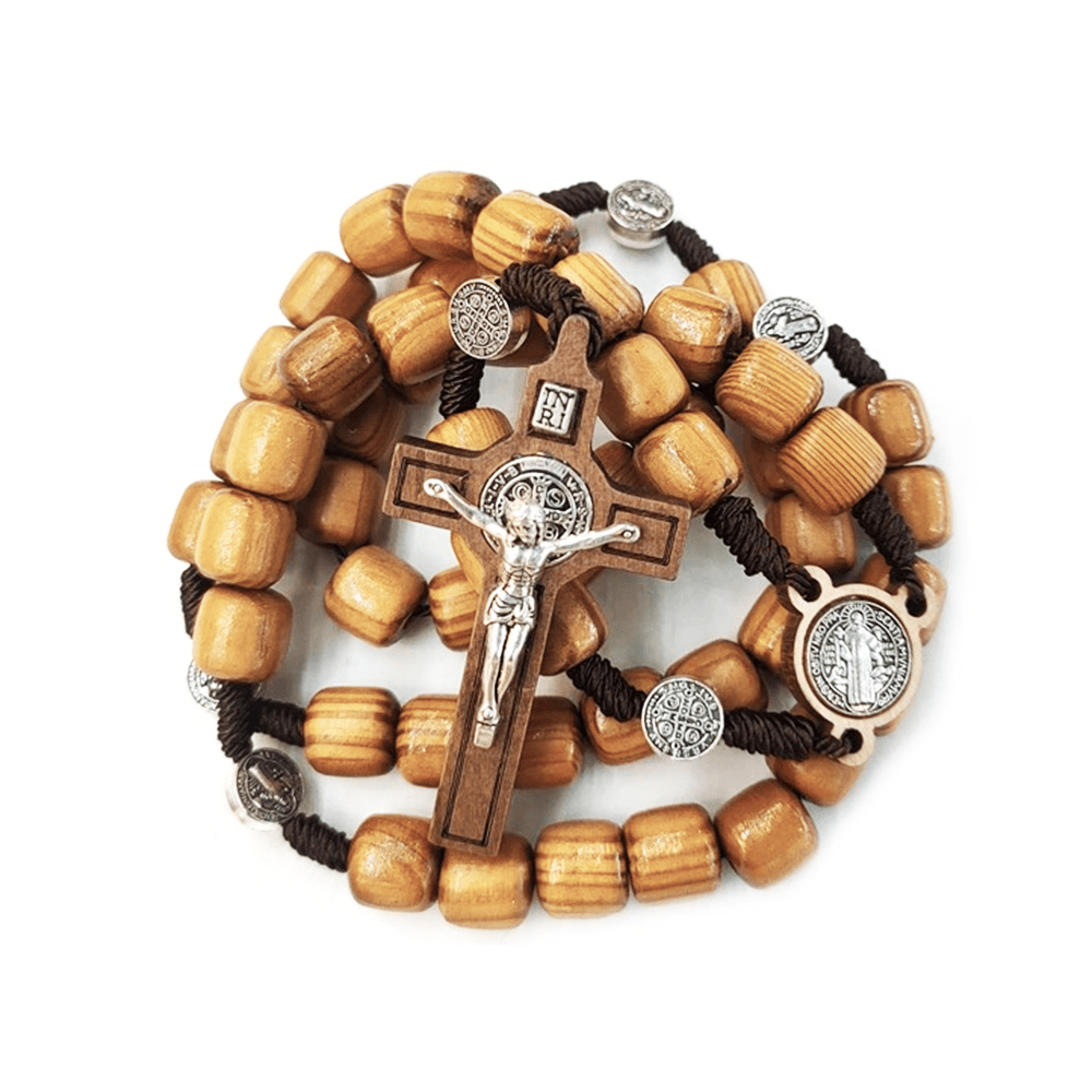 AMUSOUL Crafted Natural Wood St. Benedict Crucifix Rosary