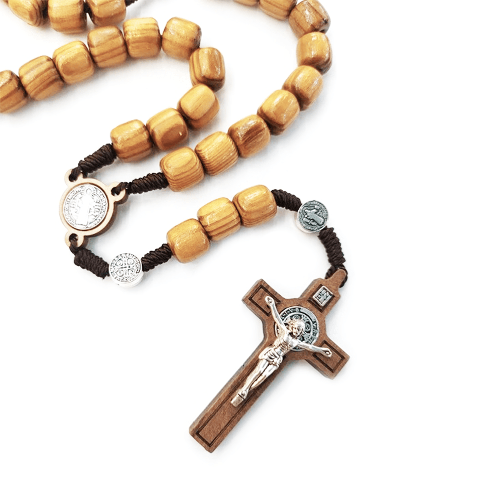 AMUSOUL Crafted Natural Wood St. Benedict Crucifix Rosary