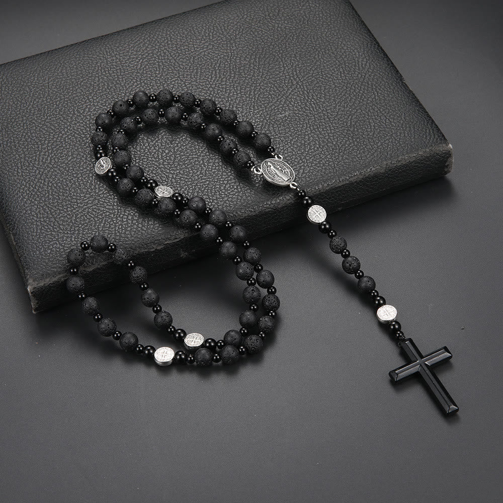 AMUSOUL St. Benedict Medal & Cross of 8 mm Round Black Multi-material Nylon Cord Rosary