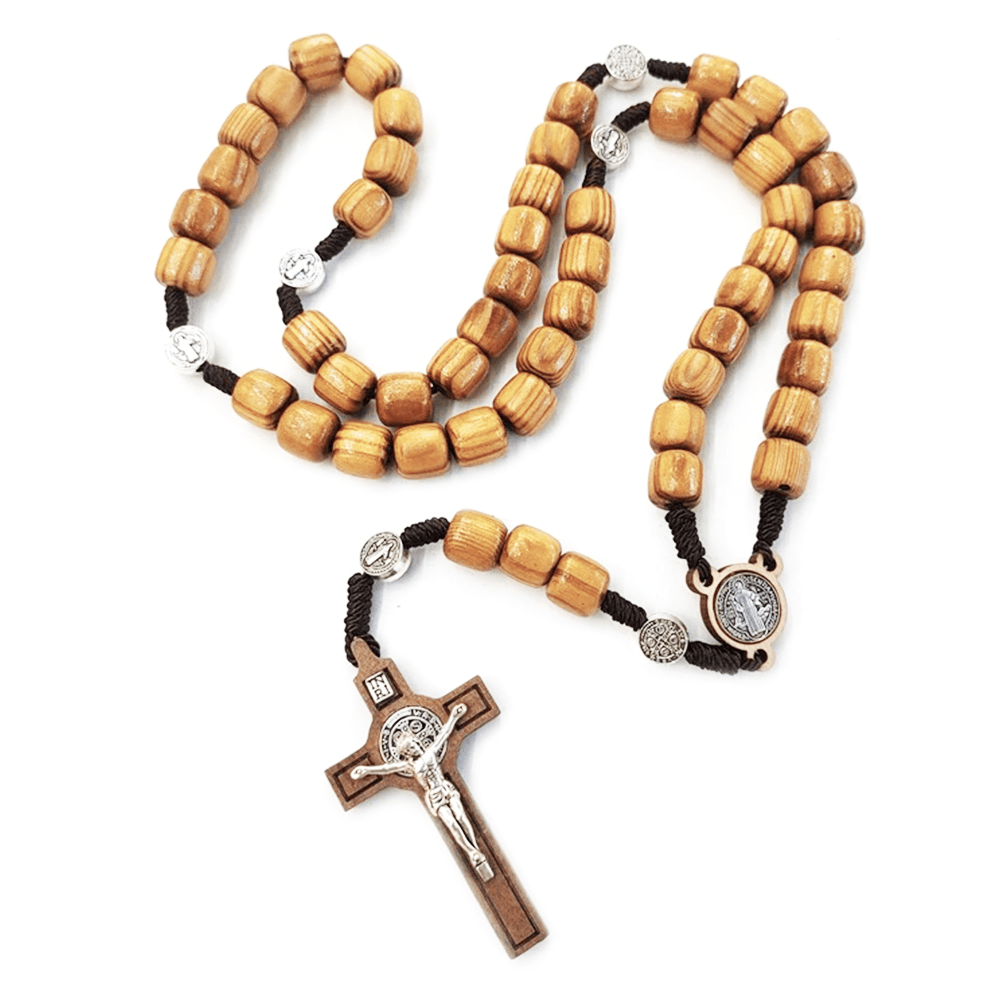 AMUSOUL Crafted Natural Wood St. Benedict Crucifix Rosary
