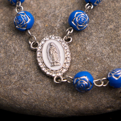 AMUSOUL Rose Beads Cross Our Lady Of Guadalupe Bracelet Rosary