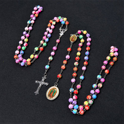 AMUSOUL Our Lady of Guadalupe & Crucifix of 6 mm Round Multicolor Polymer Clay Alloy Chain Rosary