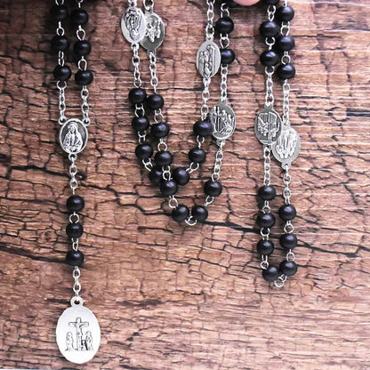 AMUSOUL Our Lady of Sorrows of 6 mm Round Black Acrylic Alloy Chain 7 Sorrows Rosary