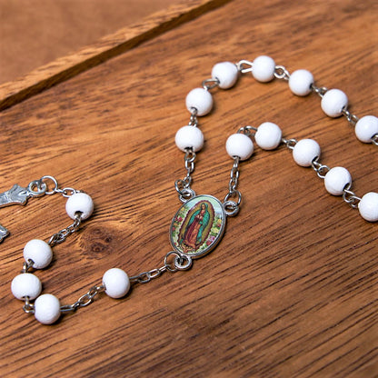 AMUSOUL Our Lady of Guadalupe & Crucifix of 6 mm Round Multicolor Wood Alloy Chain Rosary