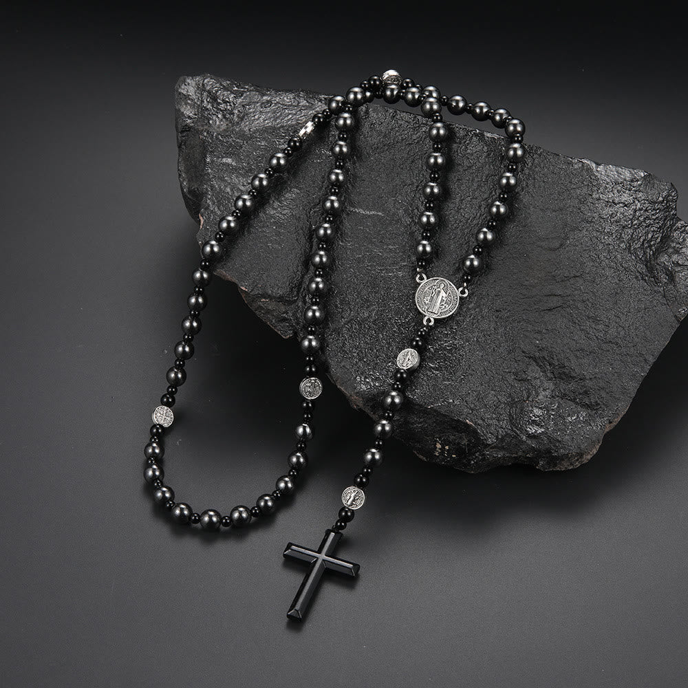 AMUSOUL St. Benedict Medal & Cross of 8 mm Round Black Multi-material Nylon Cord Rosary