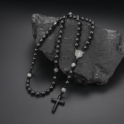 AMUSOUL St. Benedict Medal & Cross of 8 mm Round Black Multi-material Nylon Cord Rosary