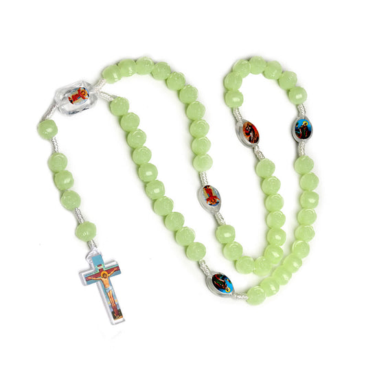 AMUSOUL Crucifix of 10 mm Rose Luminous Green Resin Nylon Cord Rosary