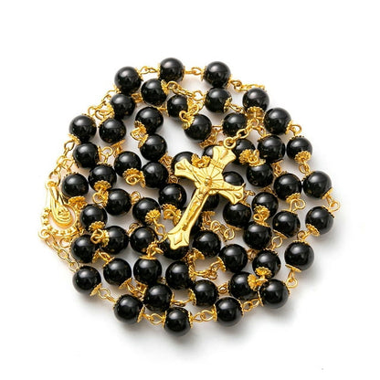 AMUSOUL Black Pearl Beads Praying Rosary with Crucifix