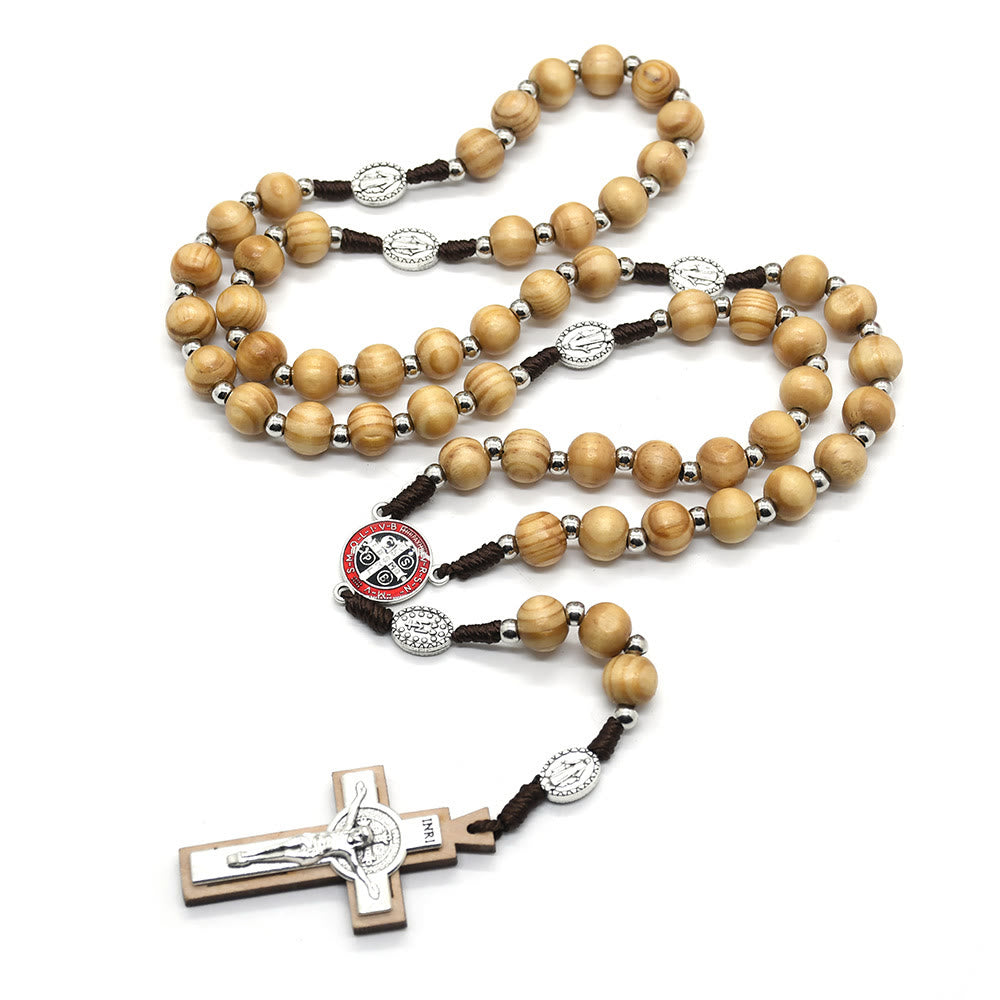 AMUSOUL Crucifix Jesus St. Benedict Weave Pine Wood Beads Rosary
