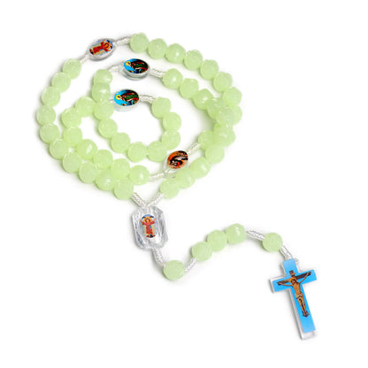 AMUSOUL Crucifix of 10 mm Rose Luminous Green Resin Nylon Cord Rosary