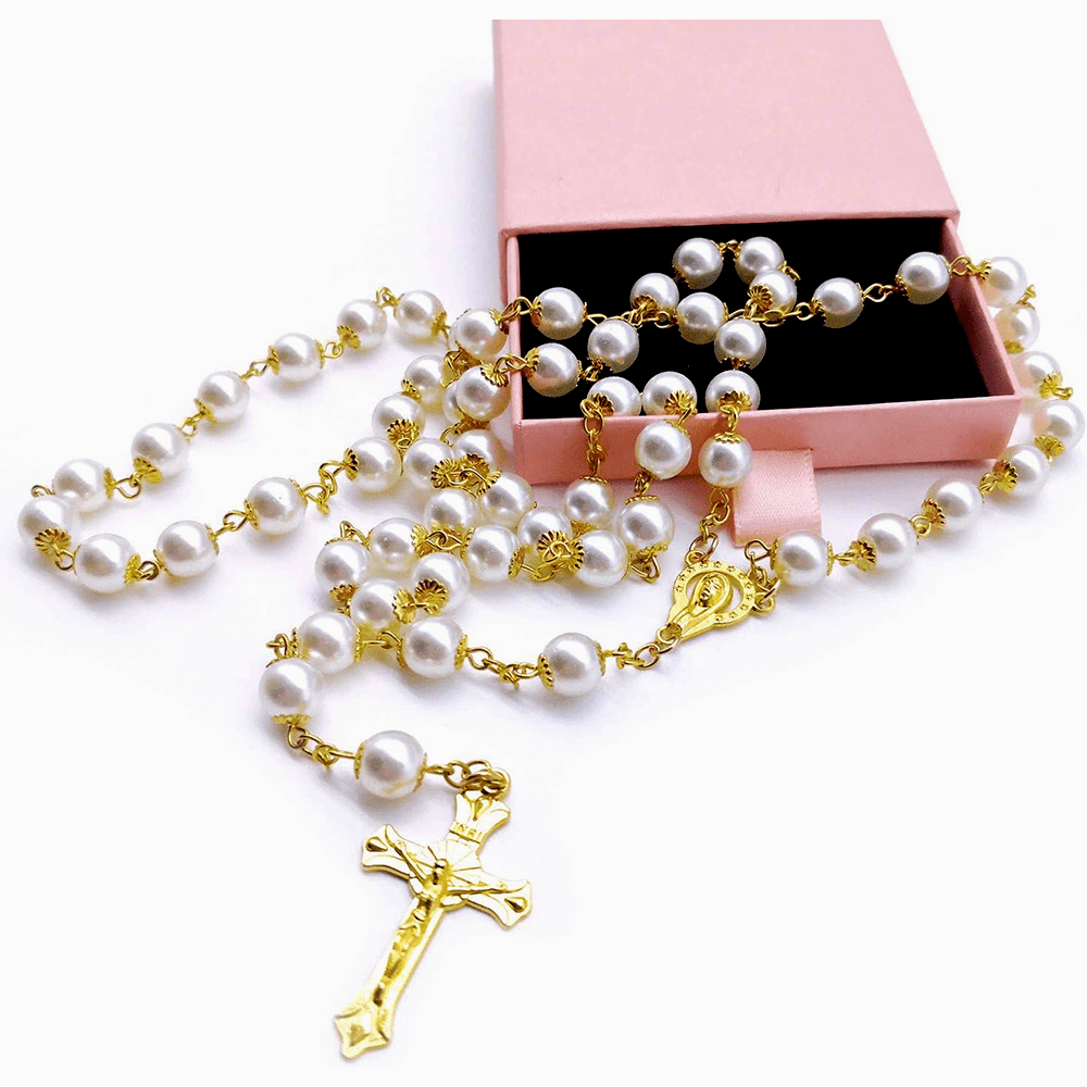 AMUSOUL White Pearl Beads Catholic Blessing Rosary