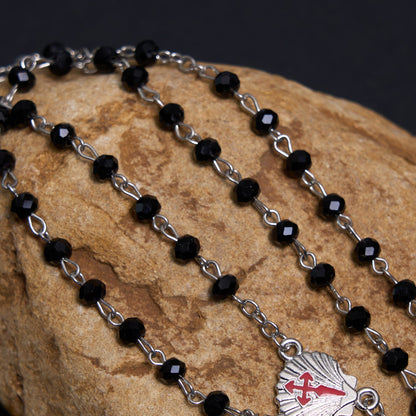 AMUSOUL Crucifix of 6 mm Polyhedron Black Crystal Alloy Chain Rosary
