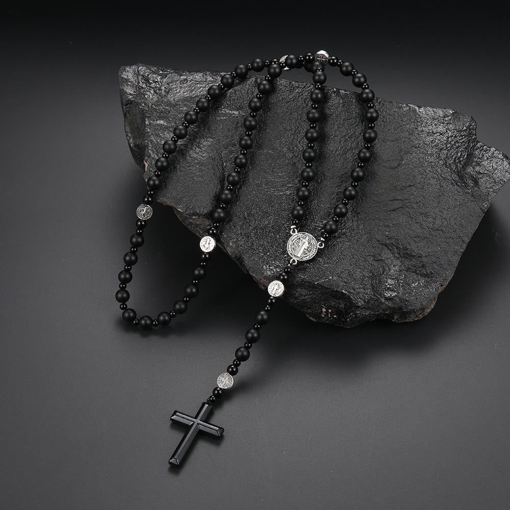 AMUSOUL St. Benedict Medal & Cross of 8 mm Round Black Multi-material Nylon Cord Rosary