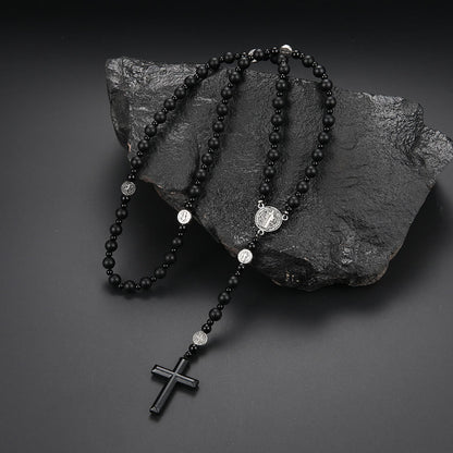 AMUSOUL St. Benedict Medal & Cross of 8 mm Round Black Multi-material Nylon Cord Rosary