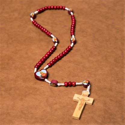 AMUSOUL Wine Red Wooden Beads Cross Virgin Mary Hand Held Rosary