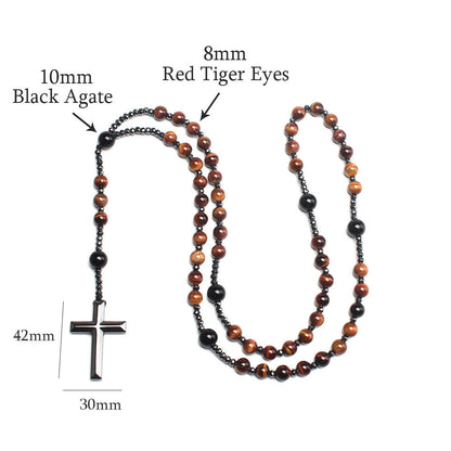 AMUSOUL Agate/Tiger's Eye Stone Cross Catholic Rosary