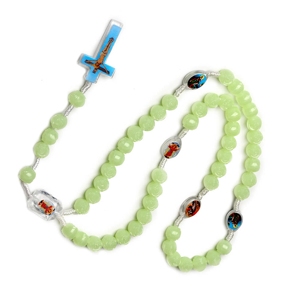 AMUSOUL Crucifix of 10 mm Rose Luminous Green Resin Nylon Cord Rosary