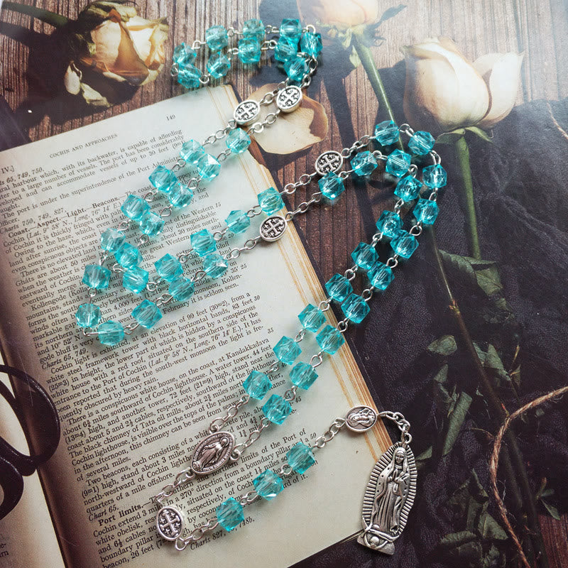 AMUSOUL  Miraculous Medal & Our Lady of Guadalupe of 8 mm Polyhedron Blue Crystal Alloy Chain Rosary