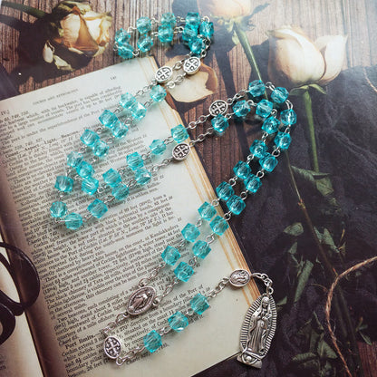 AMUSOUL  Miraculous Medal & Our Lady of Guadalupe of 8 mm Polyhedron Blue Crystal Alloy Chain Rosary