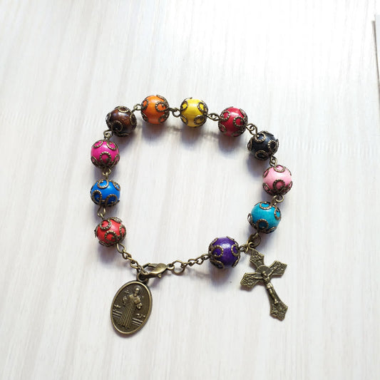 AMUSOUL  Antique Colors Wood Bracelet with St. Benedict & Crucifix