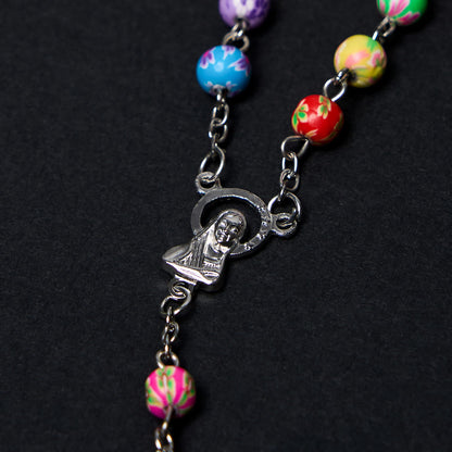 AMUSOUL Our Lady of Guadalupe & Crucifix of 6 mm Round Multicolor Polymer Clay Alloy Chain Rosary