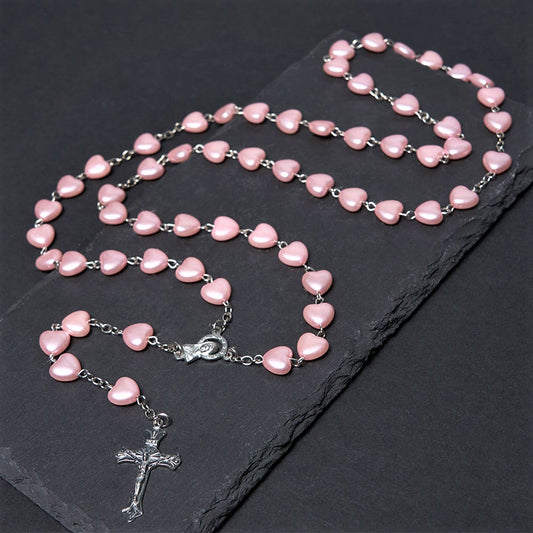 AMUSOUL Our Lady of Fátima & Crucifix of 10 mm Heart Pink Acrylic Alloy Chain Rosary