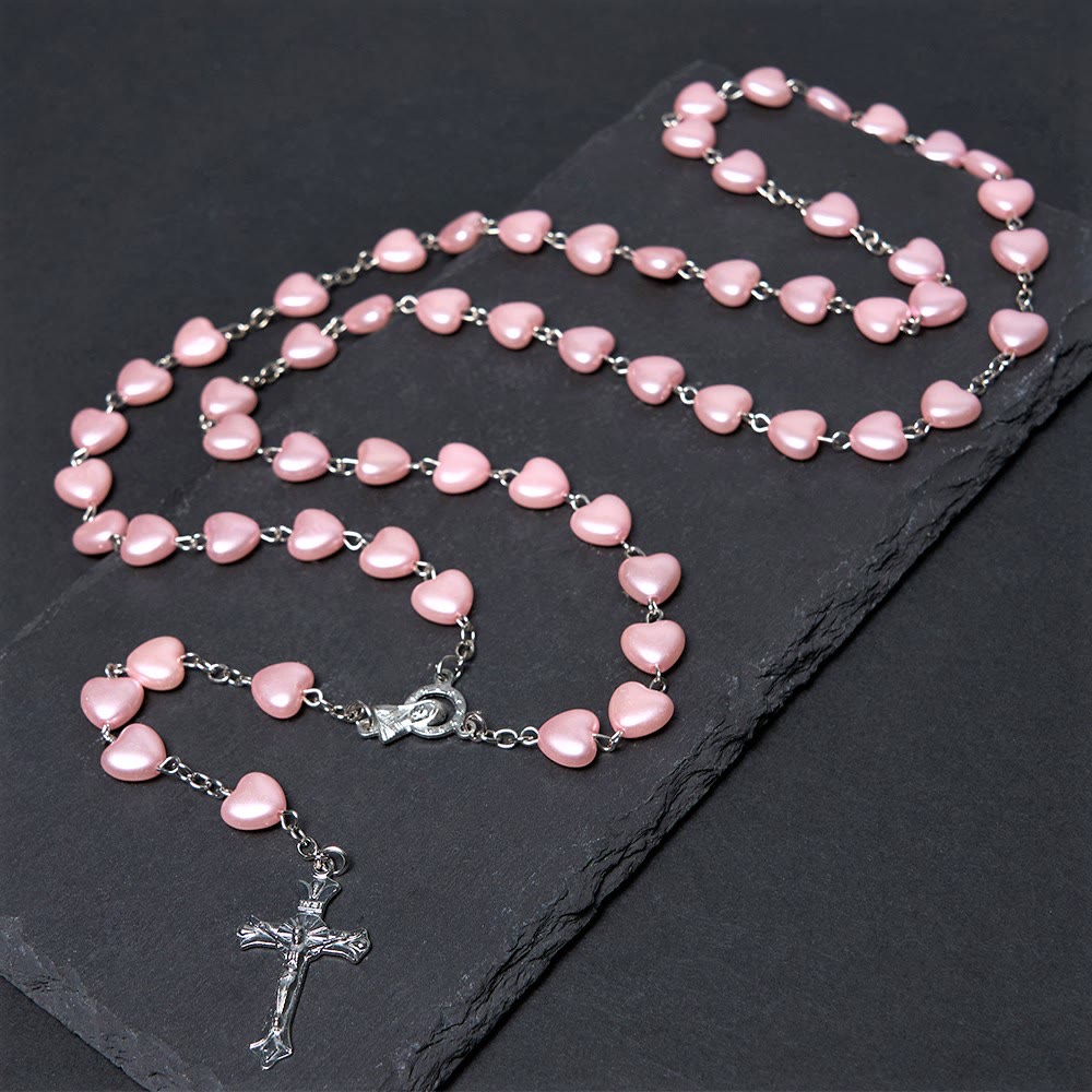 AMUSOUL Our Lady of Fátima & Crucifix of 10 mm Heart Pink Acrylic Alloy Chain Rosary