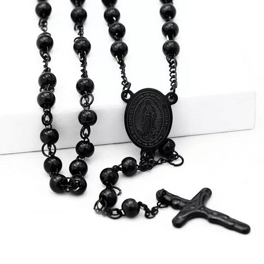 AMUSOUL Stainless Steel Black Beaded Rosary