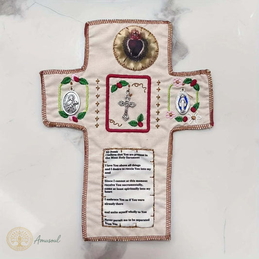 AMUSOUL  Hand-Embroidered Portable Green Pocket Shrine Cross Included Inside