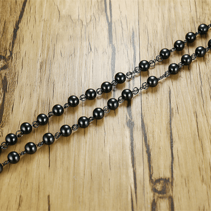 AMUSOUL Our Lady of Grace & Crucifix of 8 mm Round Black Steel Ball Alloy Chain Rosary