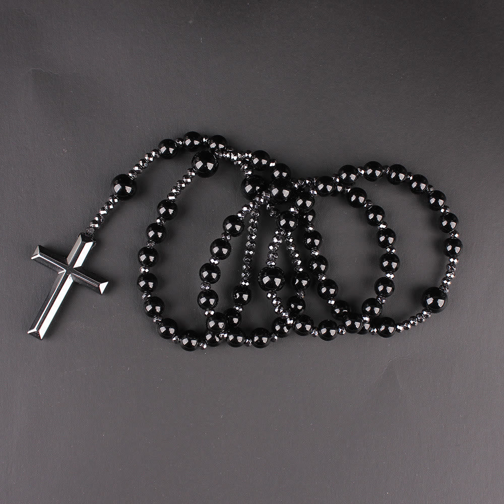 AMUSOUL Agate/Tiger's Eye Stone Cross Catholic Rosary