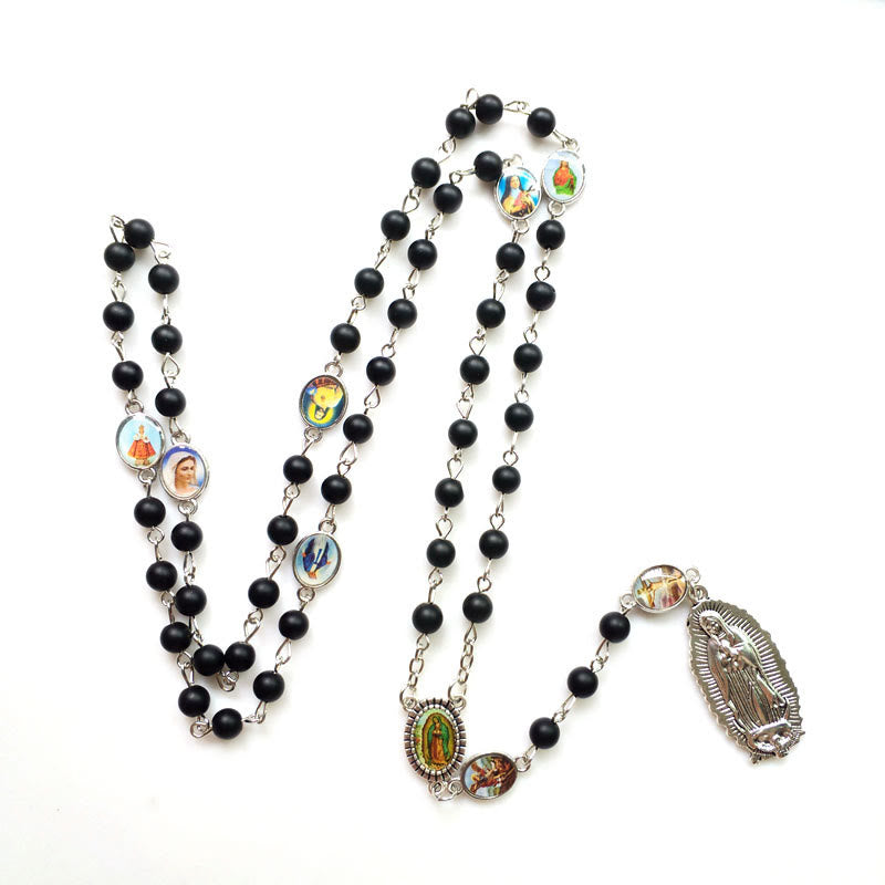 AMUSOUL Our Lady of Guadalupe of 6 mm Round Black Agate Alloy Chain Rosary