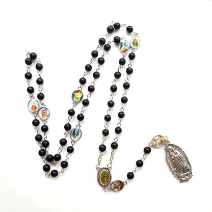 AMUSOUL Our Lady of Guadalupe of 6 mm Round Black Agate Alloy Chain Rosary