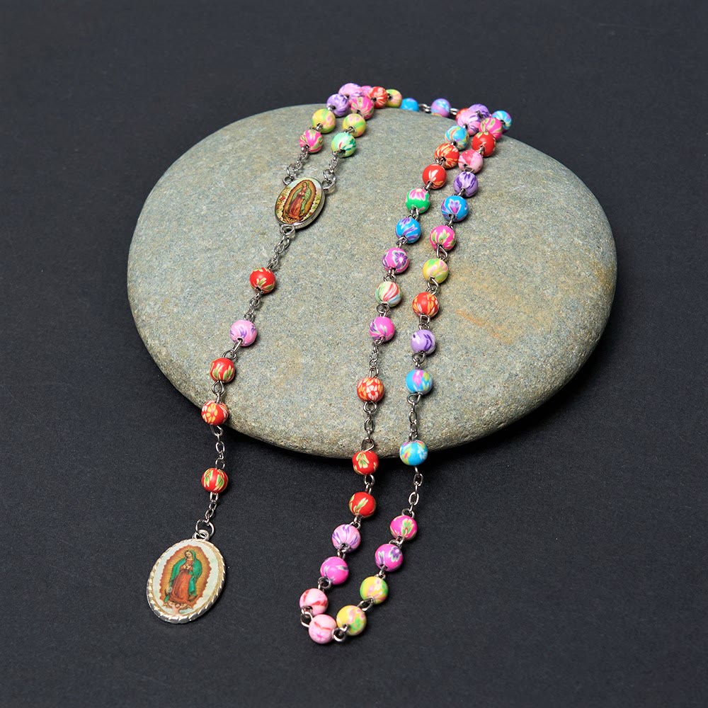 AMUSOUL Our Lady of Guadalupe & Crucifix of 6 mm Round Multicolor Polymer Clay Alloy Chain Rosary
