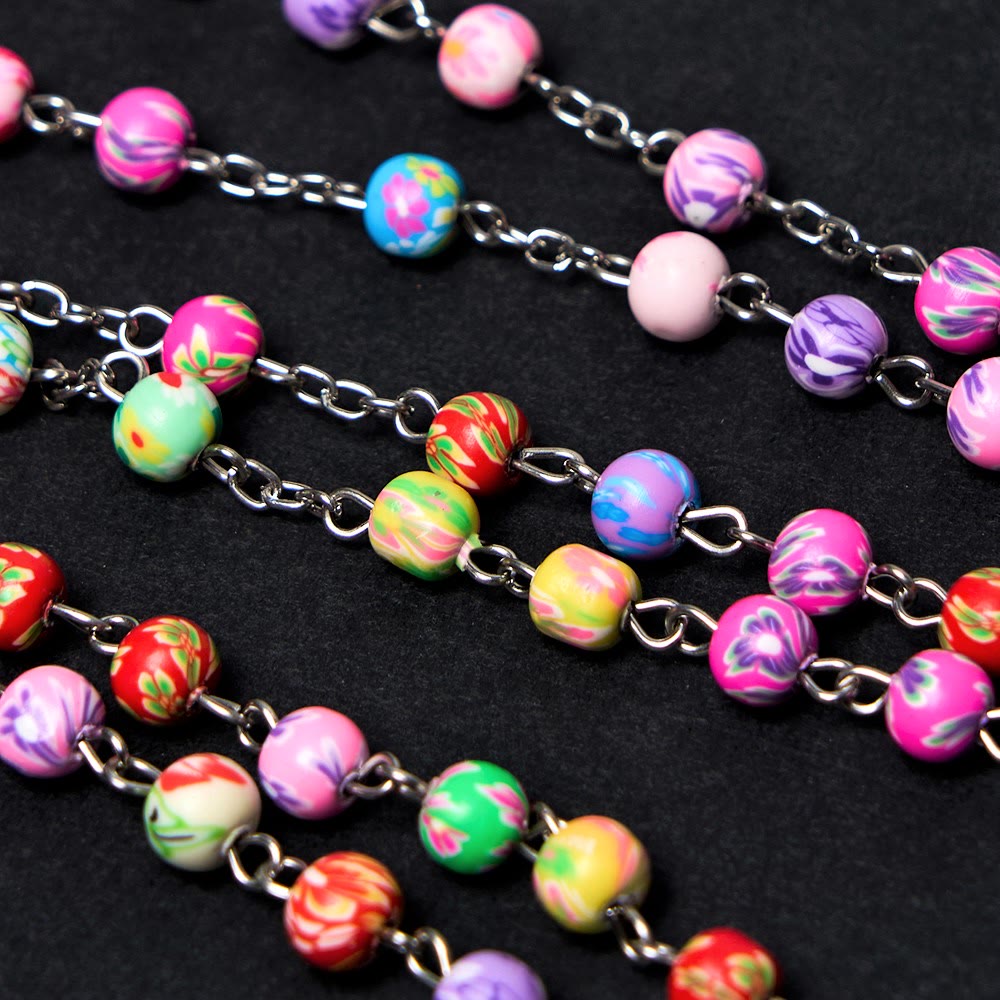 AMUSOUL Our Lady of Guadalupe & Crucifix of 6 mm Round Multicolor Polymer Clay Alloy Chain Rosary