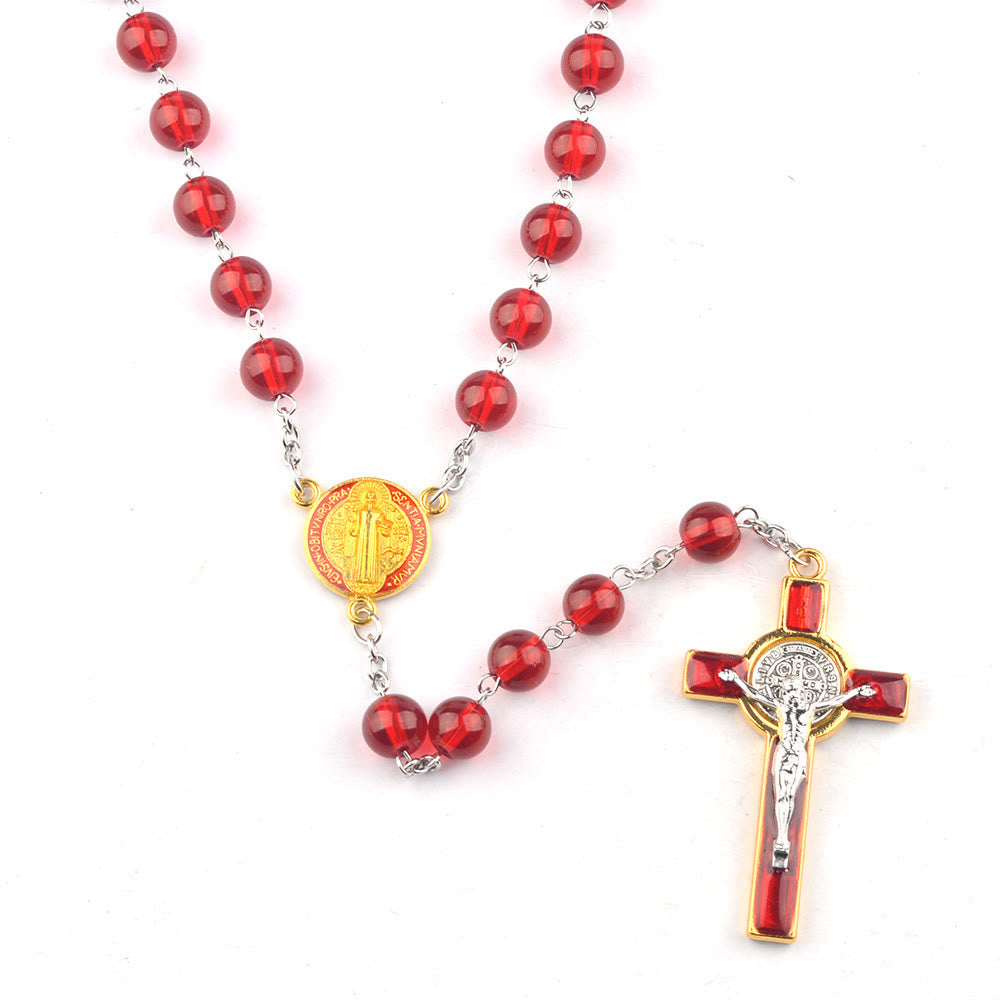 AMUSOUL St. Benedict Centerpiece Red Glass Beads Cross Rosary