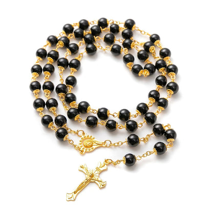 AMUSOUL Black Pearl Beads Praying Rosary with Crucifix