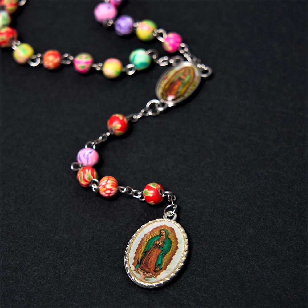 AMUSOUL Our Lady of Guadalupe & Crucifix of 6 mm Round Multicolor Polymer Clay Alloy Chain Rosary