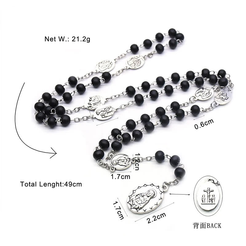AMUSOUL Our Lady of Sorrows of 6 mm Round Black Acrylic Alloy Chain 7 Sorrows Rosary