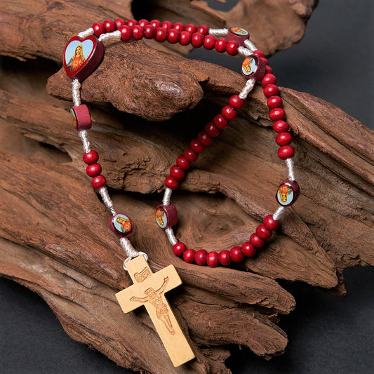 AMUSOUL Wine Red Wooden Beads Cross Virgin Mary Hand Held Rosary